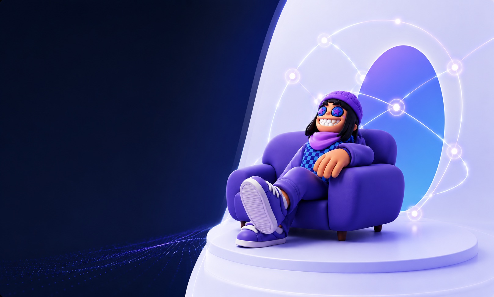 Personaggio 3D di RedemWeb rilassato in poltrona, che rappresenta un lavoro di marketing e comunicazione senza pensieri per il cliente