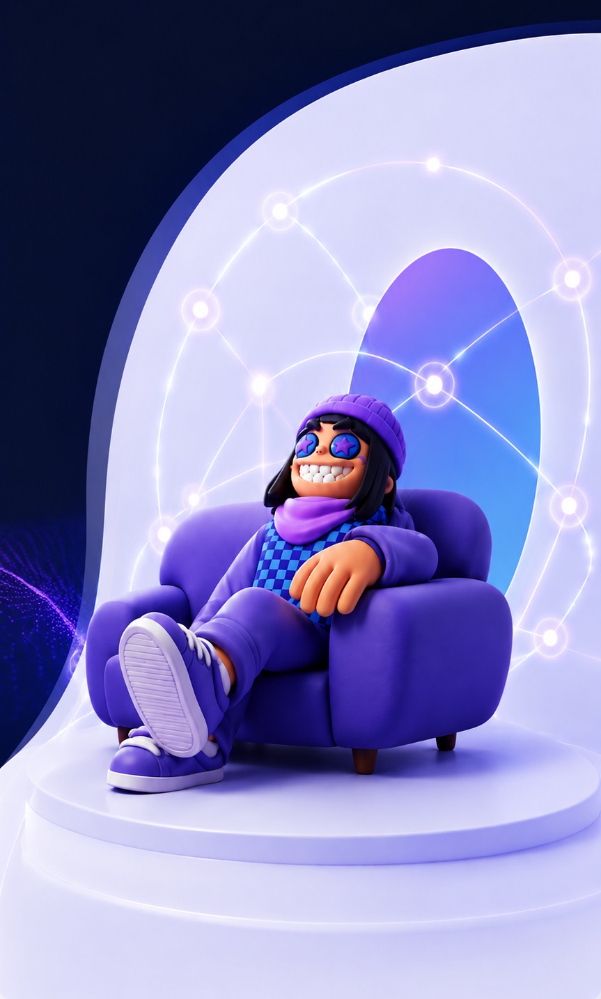 Personaggio 3D di RedemWeb rilassato in poltrona, che rappresenta un lavoro di marketing e comunicazione senza pensieri per il cliente